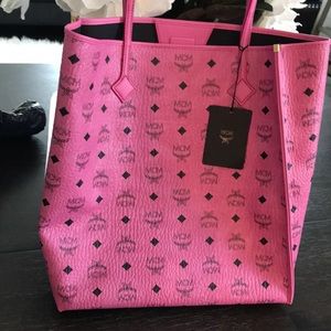 MCM Visetos Kira North South Shopper Tote Pink